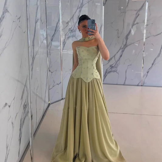 Elegant Sage Green Strapless A-Line Chiffon Evening Dress LA73073
