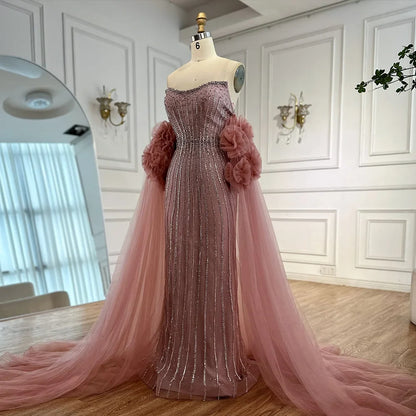Luxury Pink Beaded Mermaid  Arabic Evening Dress with Cape LA73019