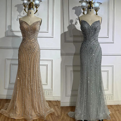 Luxury Nude V Neck Beaded Mermaid Evening Dress Sleeveless LA72981