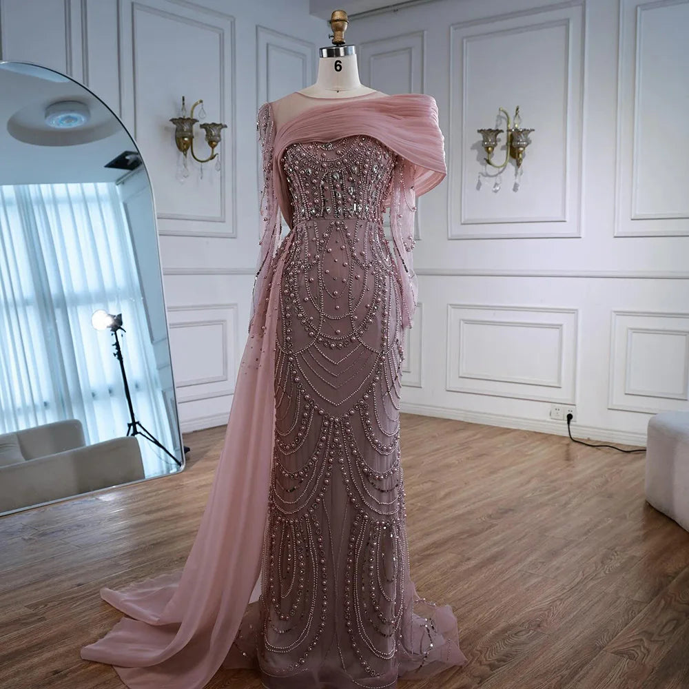 Nude Crystal Mermaid Evening Dress with Overskirt LA72348