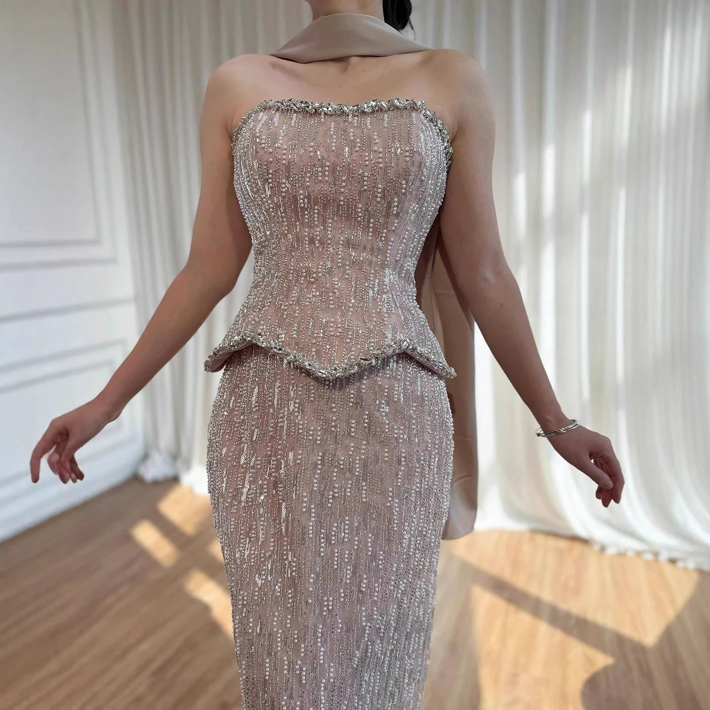 Luxury Nude 2 Pieces Pearl Sequin Evening Dress with Scarf LA73076A