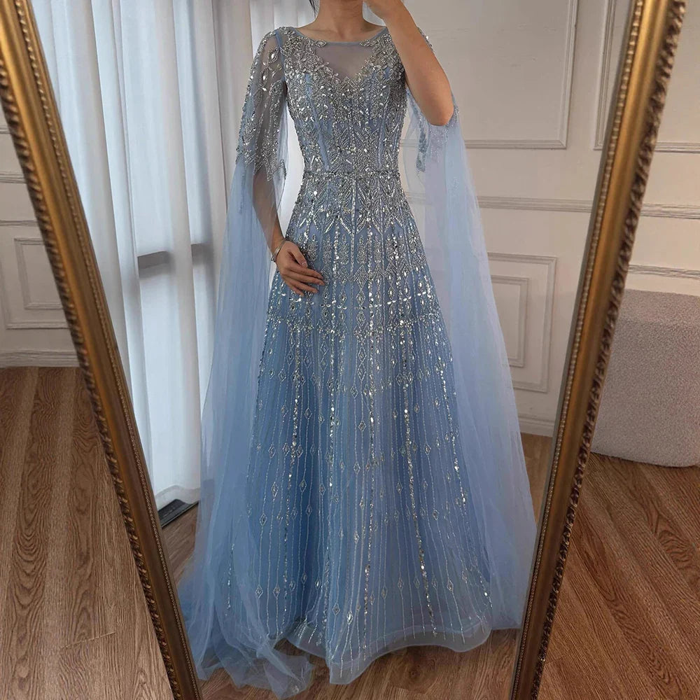 Luxury Blue A-Line Evening Dress with Beaded Cape Sleeves LA72666