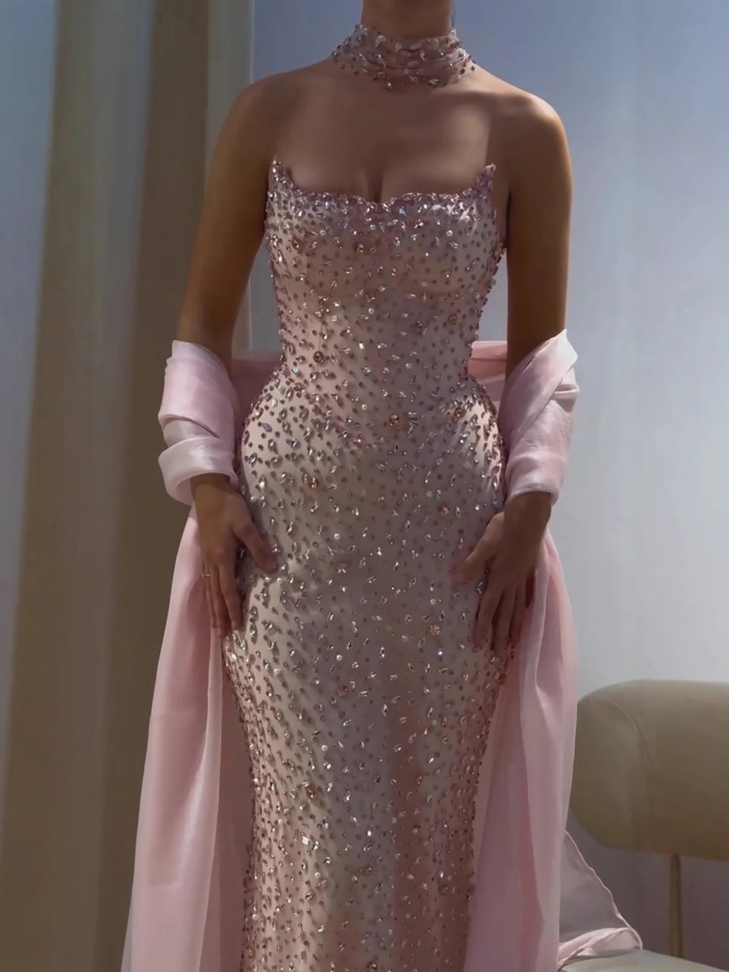 Luxury Pink Diamond Evening Dress with Cape Gown for Wedding Party LA73225