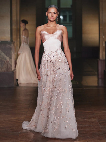 Luxury Nude Pink Strapless Beaded A-Line Evening Dress LA73396