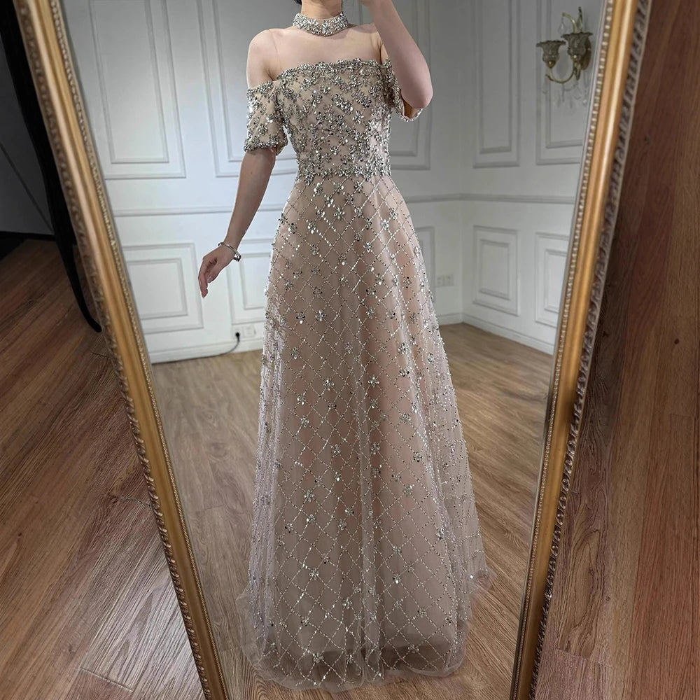 Luxury Nude Sliver Off Shoulder Beaded Crystal A-Line Evening Dress LA73122