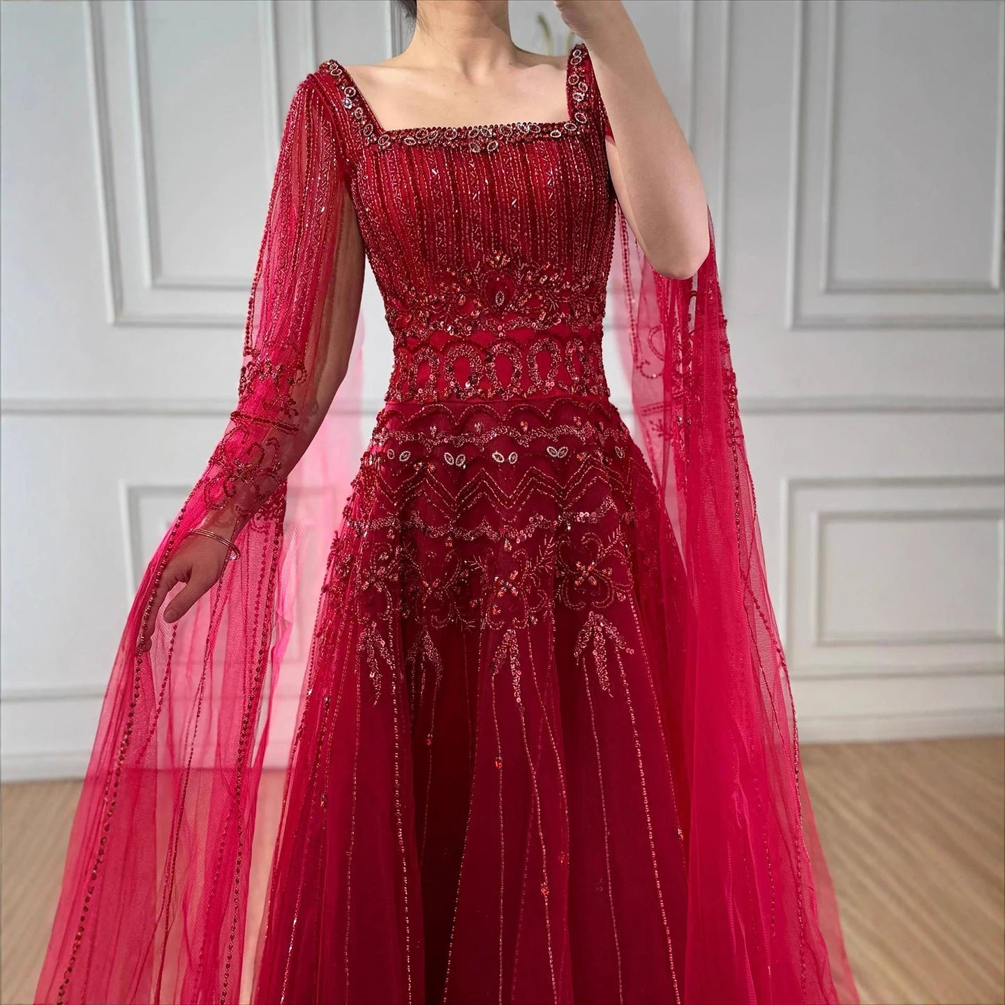 Luxury Caramel A-Line Beaded Evening Dress with Cape Sleeves LA73089A