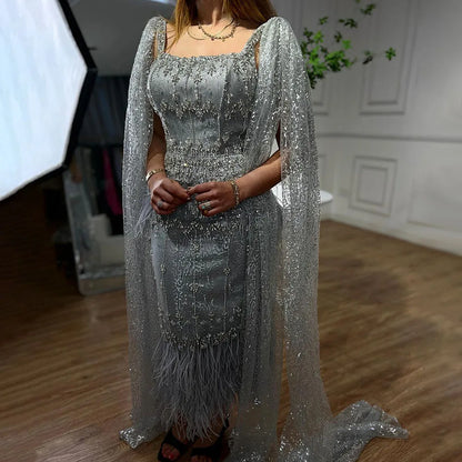 Bling Gray Mermaid Feather Arabic Midi  Evening Dress with Cape LA72334