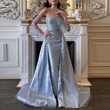 Luxury Blue Beaded Pearls Evening Dress with Removable Overskirt LA72705