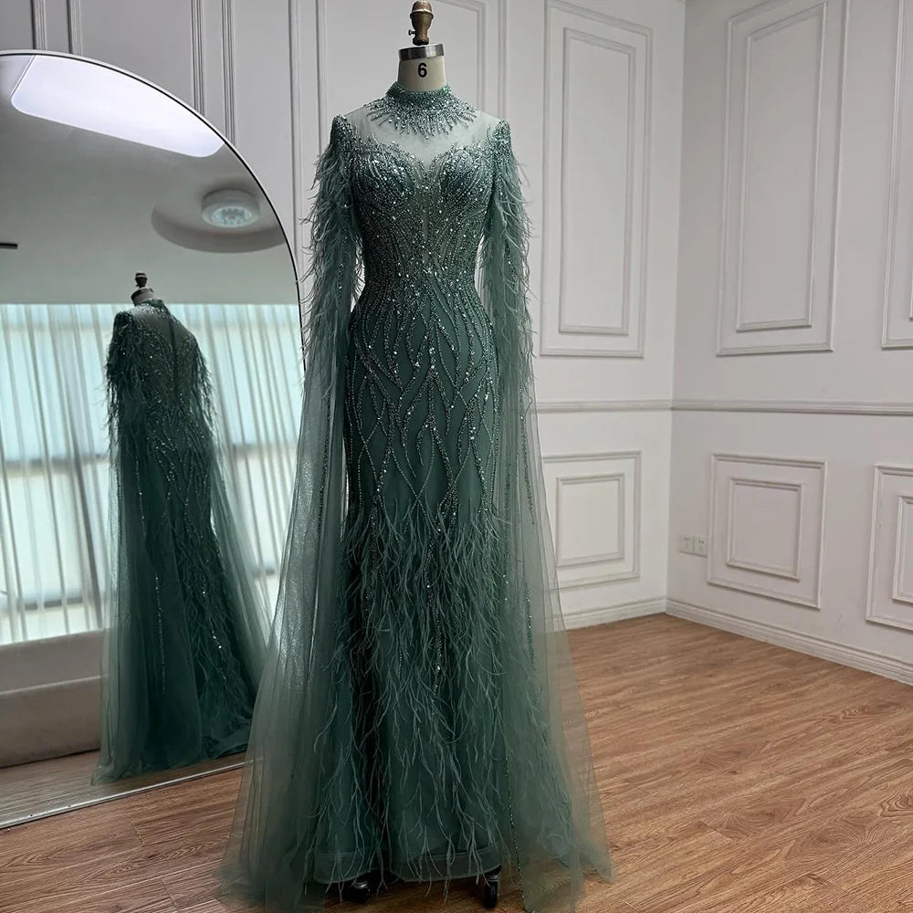 Luxury Nude Feather Beaded High Neck Formal Evening Dress for Women LA71885C