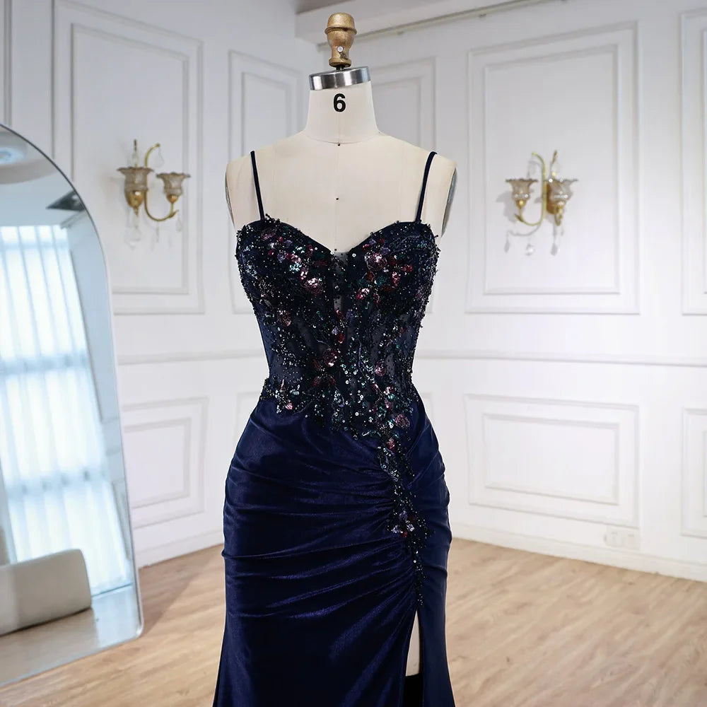 Luxury Navy Satin Prom Dress with Lace Beaded and Slit LA73003