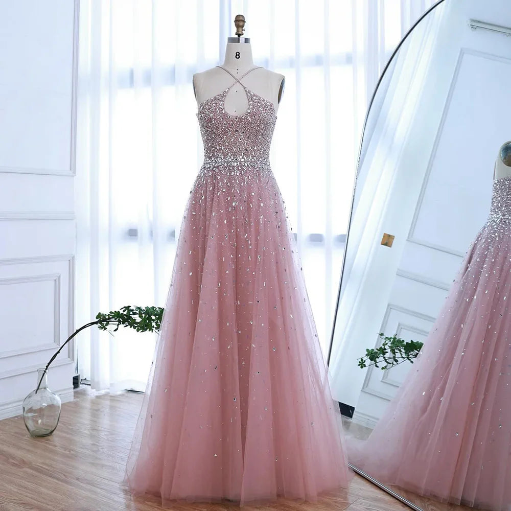 Caramel Halter Beaded Tulle A-Line Evening Gown Dubai Saudi LA72863
