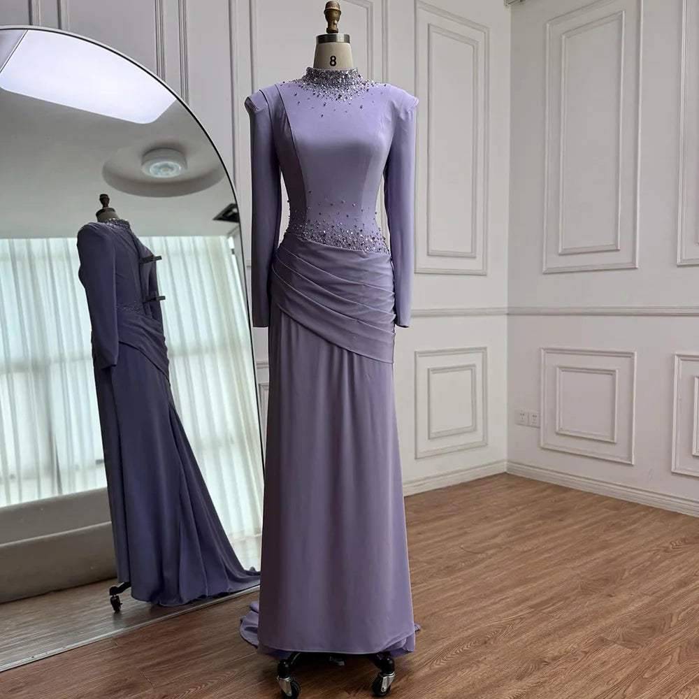 Luxury Muslim Modest Lilac Beaded Long Sleeve Evening Dress LA73093