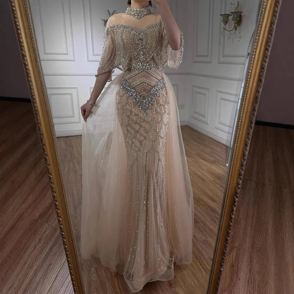 Luxury Gray Beaded Evening Dress with Overskirt LA73129