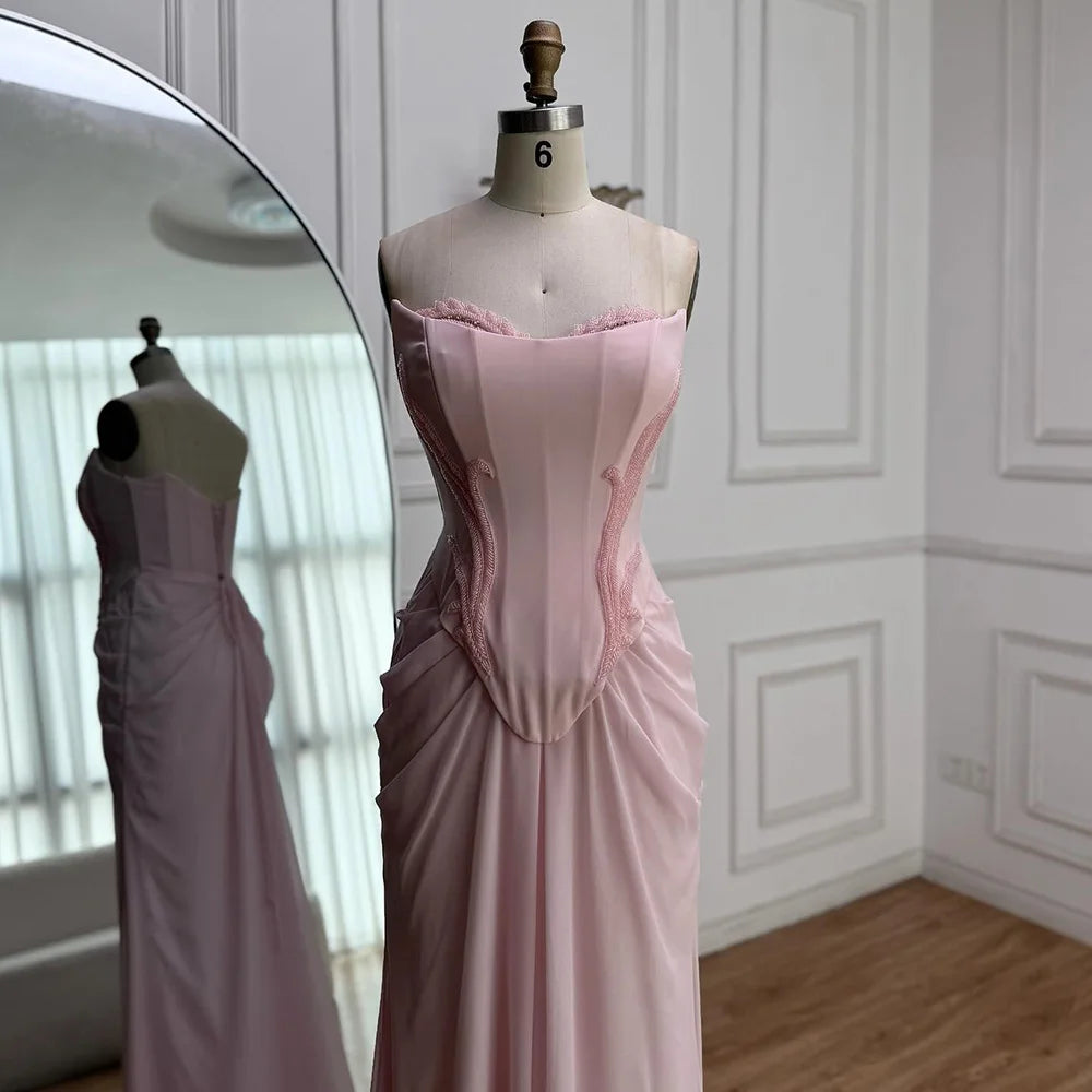 Pink Strapless Draped Satin Evening Dress with Rose Neck LA72946