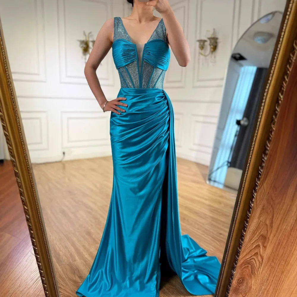 Luxury Blue Prom Dress with Side Overskirt Spaghetti Straps LA73011
