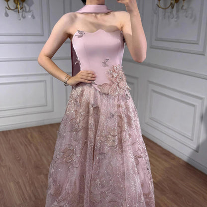 Luxury Pink Two Pieces A-Line Evening Dress with Cape LA73415