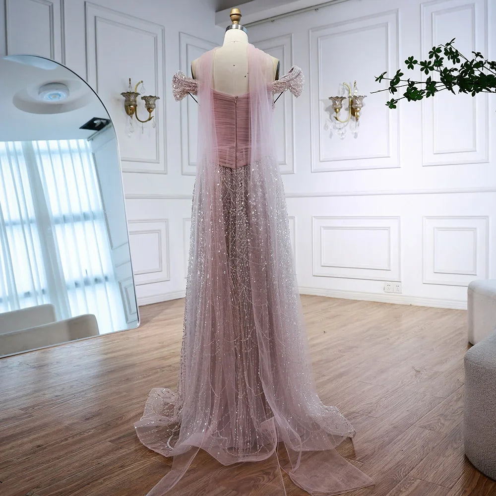 Luxury  Arabic  Pink Pearls  Evening Dress  With Cape LA72922