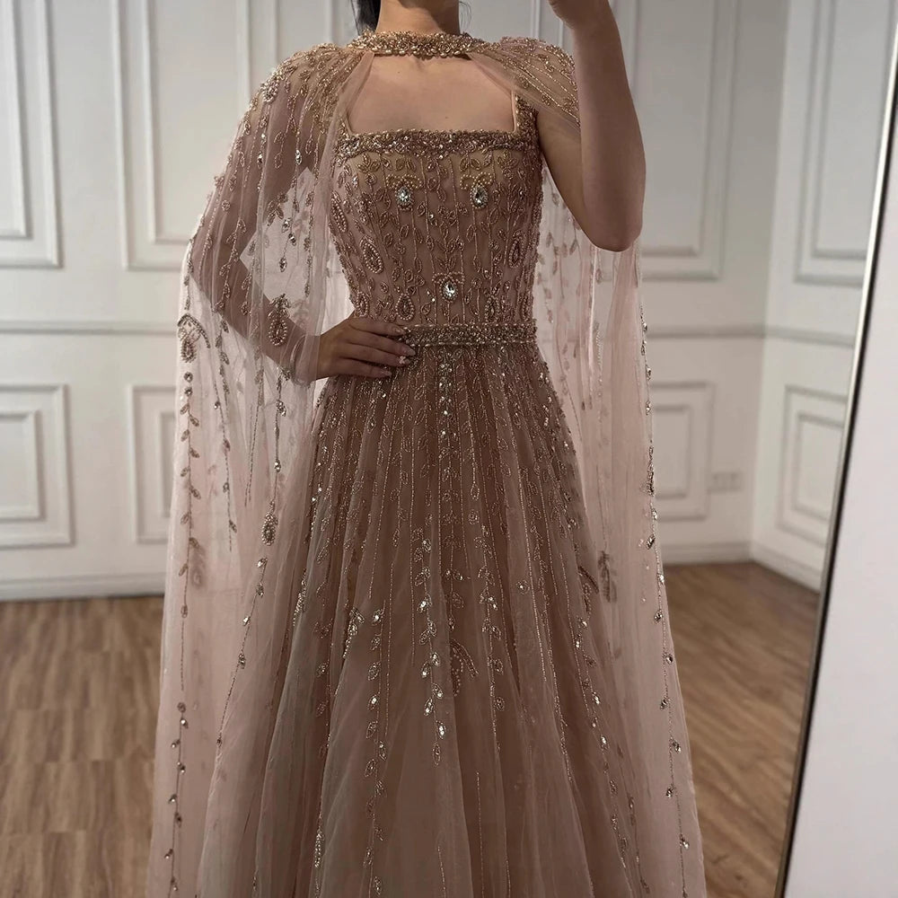 שמלת ערב עם צווארון מרובע וגזרה A עם חרוזים בגוון עירום LA72835 