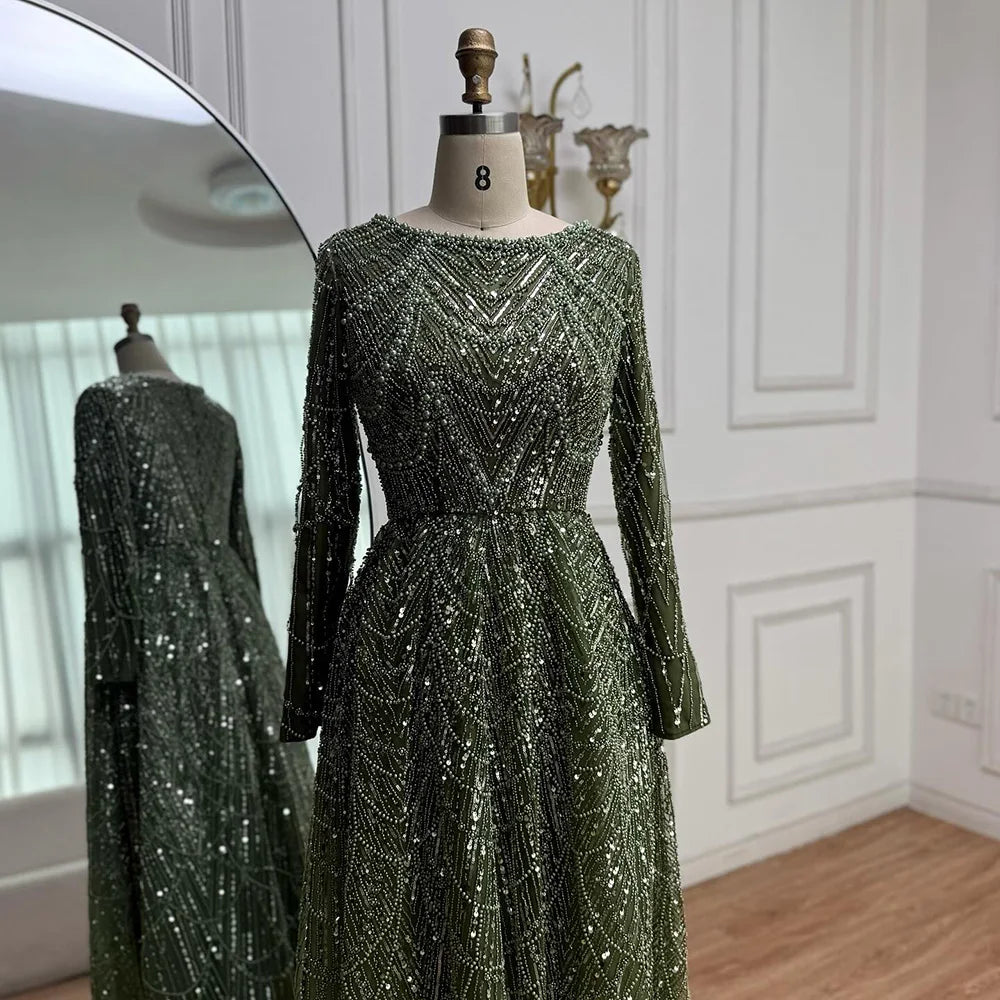 Luxury Olive Green Beaded A-Line Evening Dress Long Sleeves LA72738B