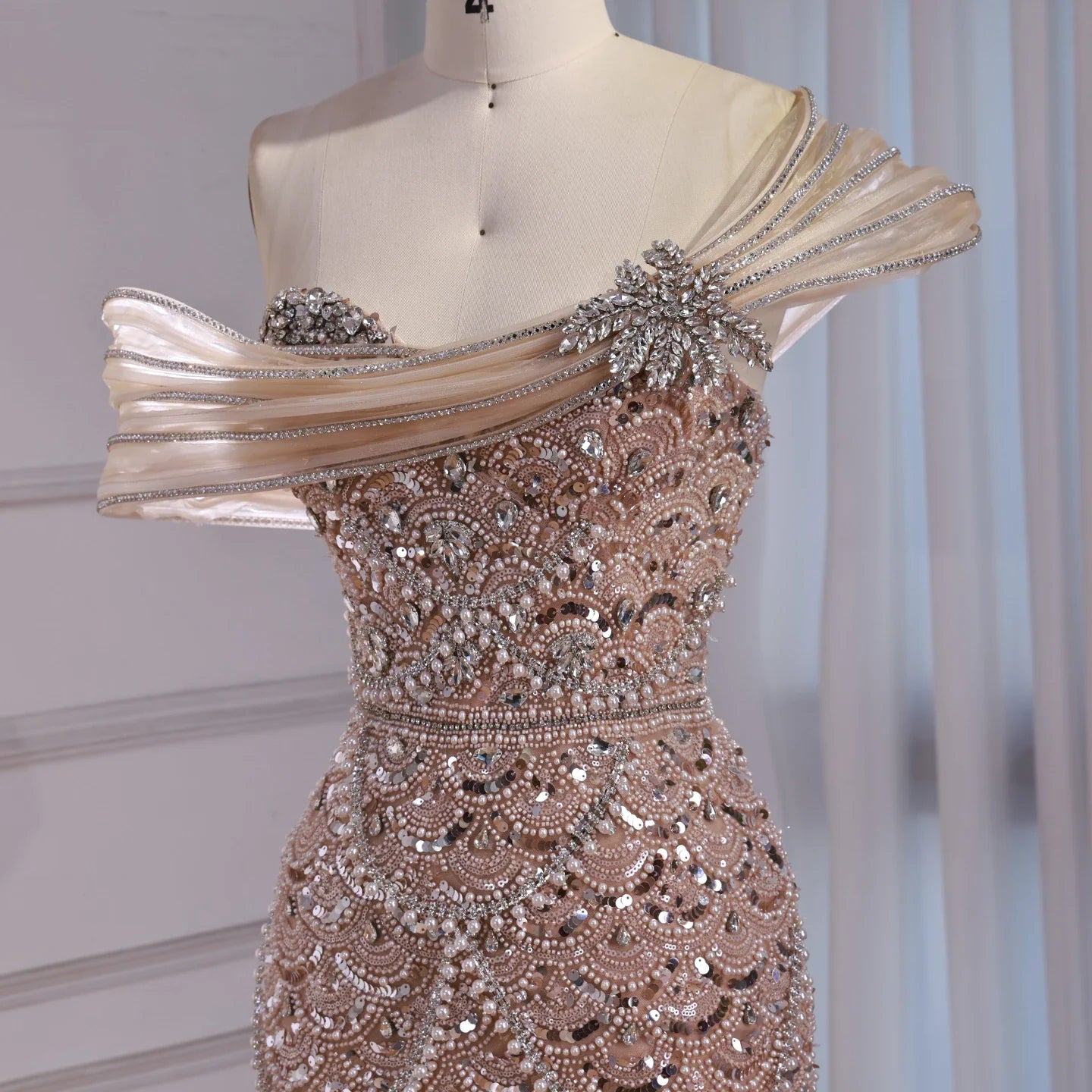 Luxury Nude Beaded Off Shoulder Mermaid Evening Dress LA73365A