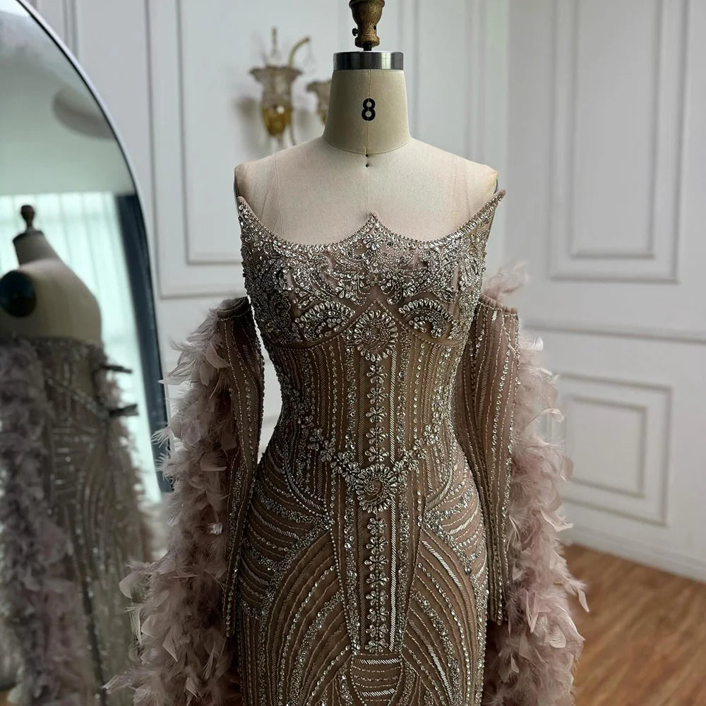 Luxury Caramel Beaded Mermaid Evening Dress with Feather Sleeves LA73055