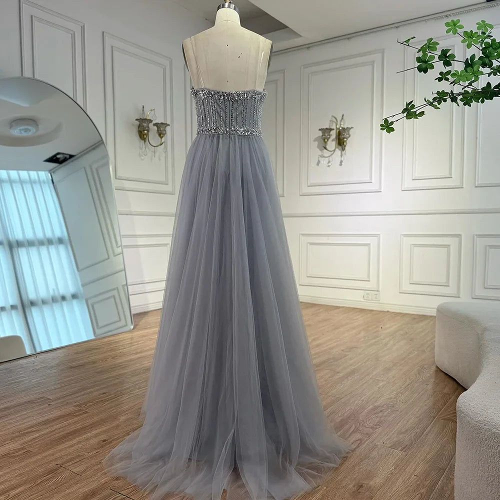 Luxury Gray Beaded Evening Dress with Overskirt LA73129