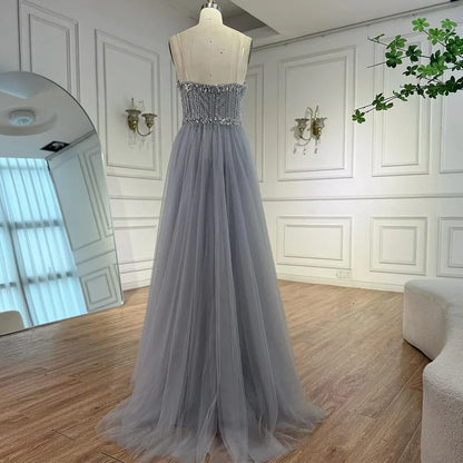 Luxury Gray Beaded Evening Dress with Overskirt LA73129
