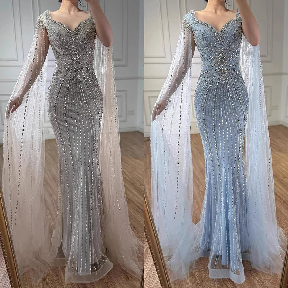 Luxury Arabic Nude Beaded Evening Dress with Cape Sleeves LA73181