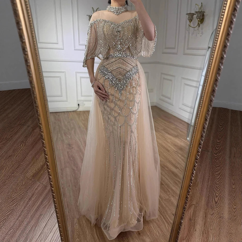 Luxury Gray Beaded Evening Dress with Overskirt LA73129