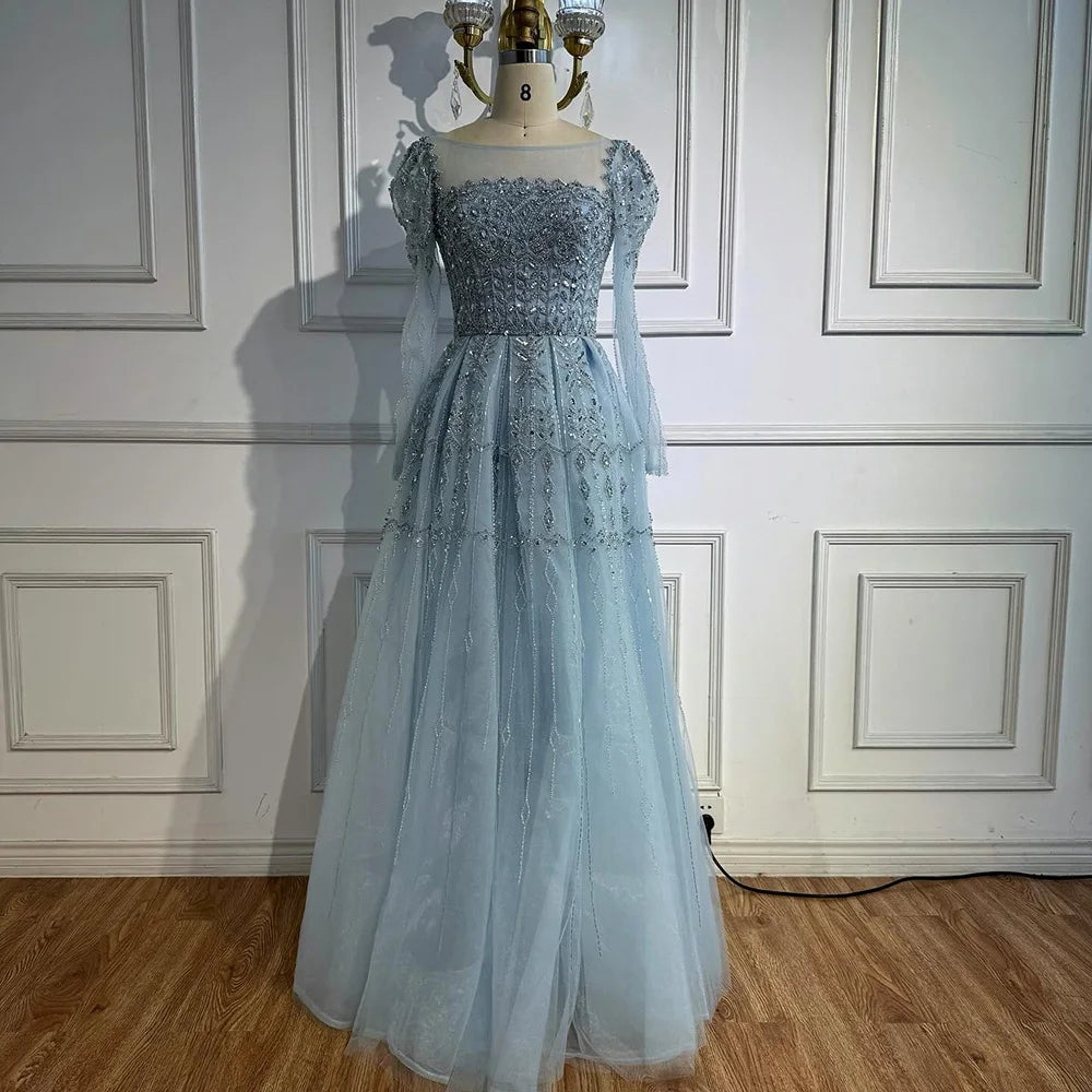 Luxury Caramel A-Line Beaded Evening Dress with Long Sleeves LA73077