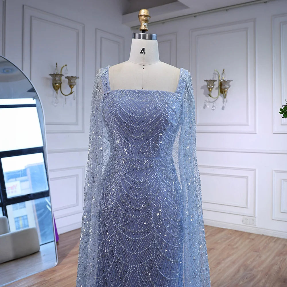 Luxury Turquoise Beaded Pearl Arabic Evening Dress with Cape Sleeves LA72590