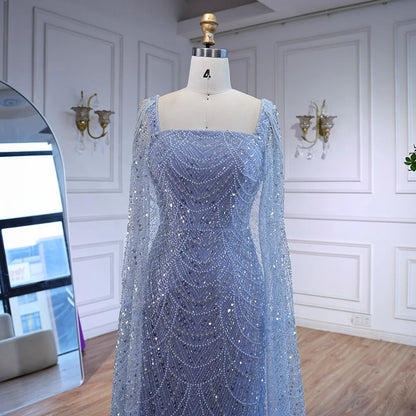Luxury Turquoise Beaded Pearl Arabic Evening Dress with Cape Sleeves LA72590