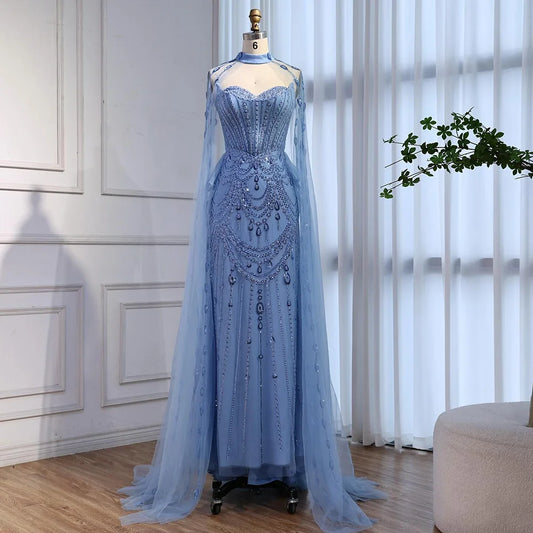 Luxury Blue Sequin Beaded Evening Dress with Cape Sleeves LA73108