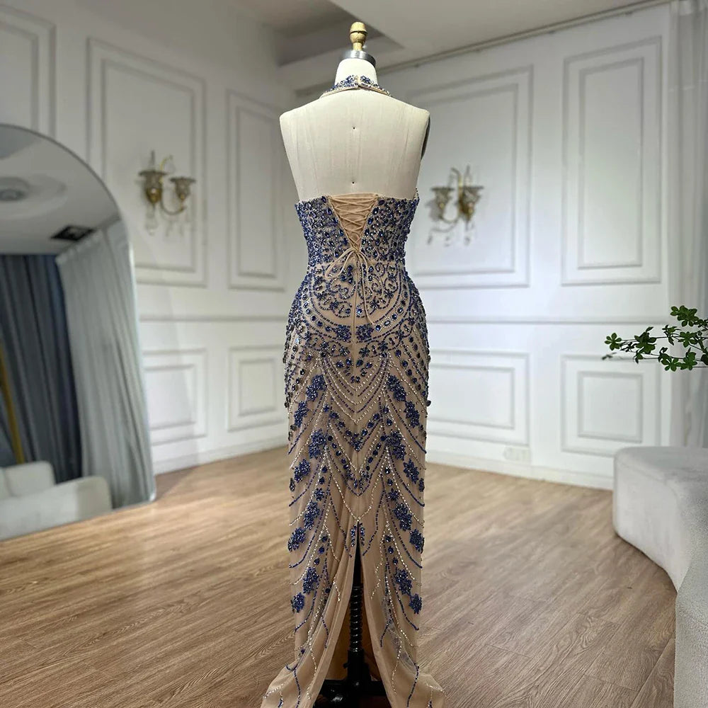 Luxury Dubai Elegant Blue Halter Neck Evening Gown Beaded Dress LA72760