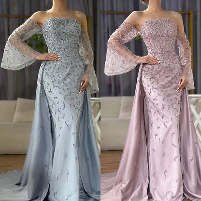 Luxury Blue Beaded Pearls Evening Dress with Removable Overskirt LA72705