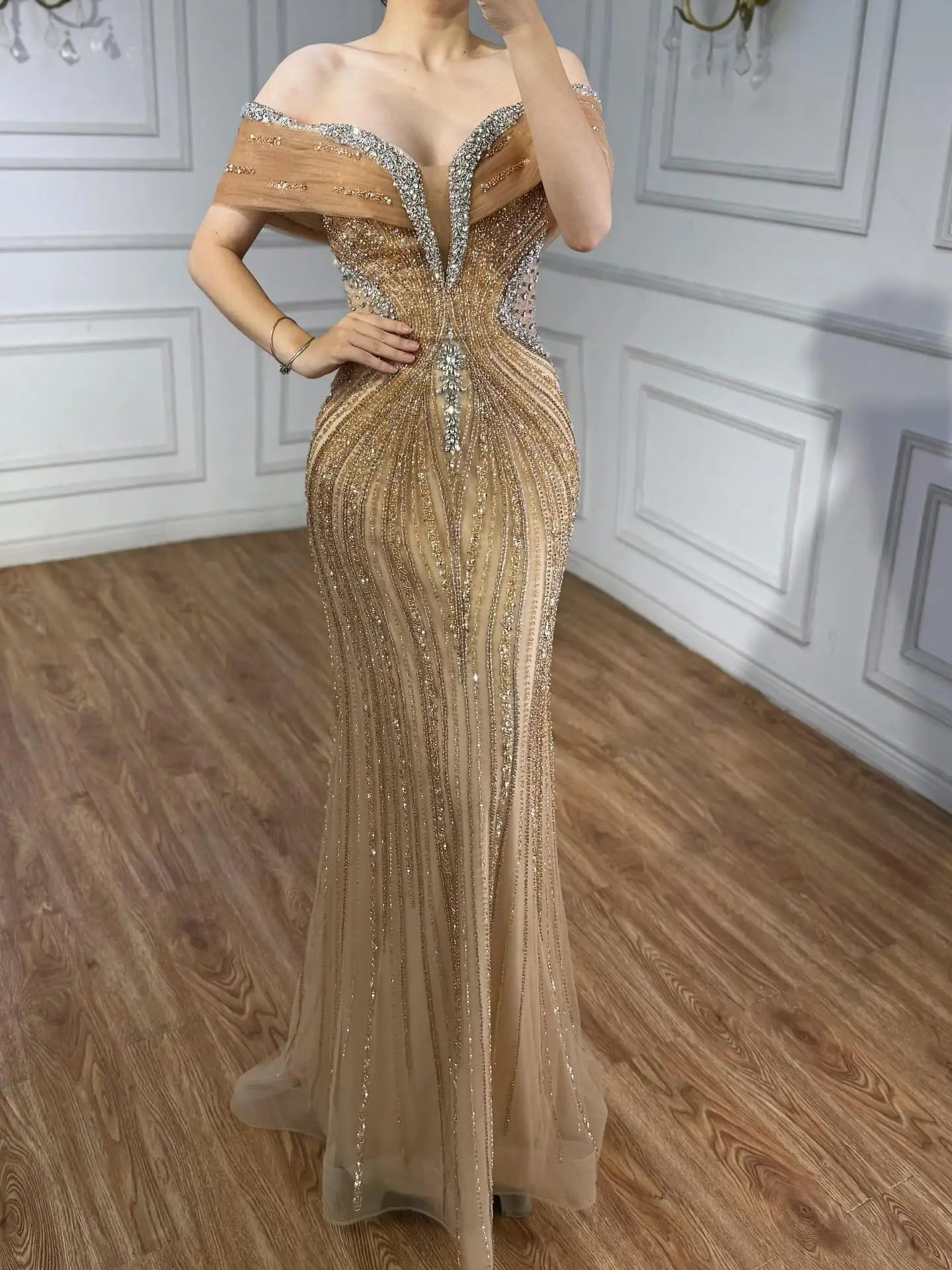 Luxury Saudi Arabic Gold Luxury Crystal Beaded Mermaid Evening Dress LA73142A
