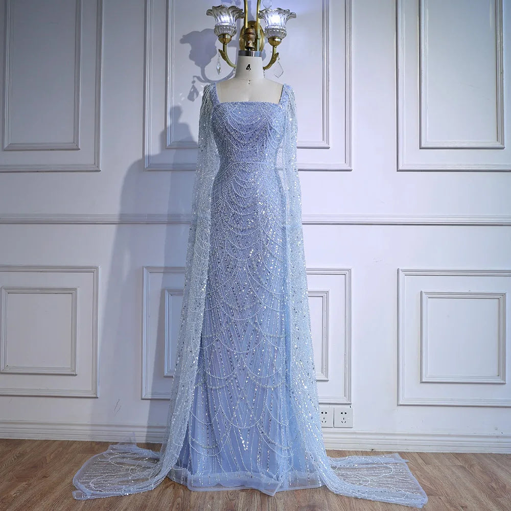 Luxury Turquoise Beaded Pearl Arabic Evening Dress with Cape Sleeves LA72590