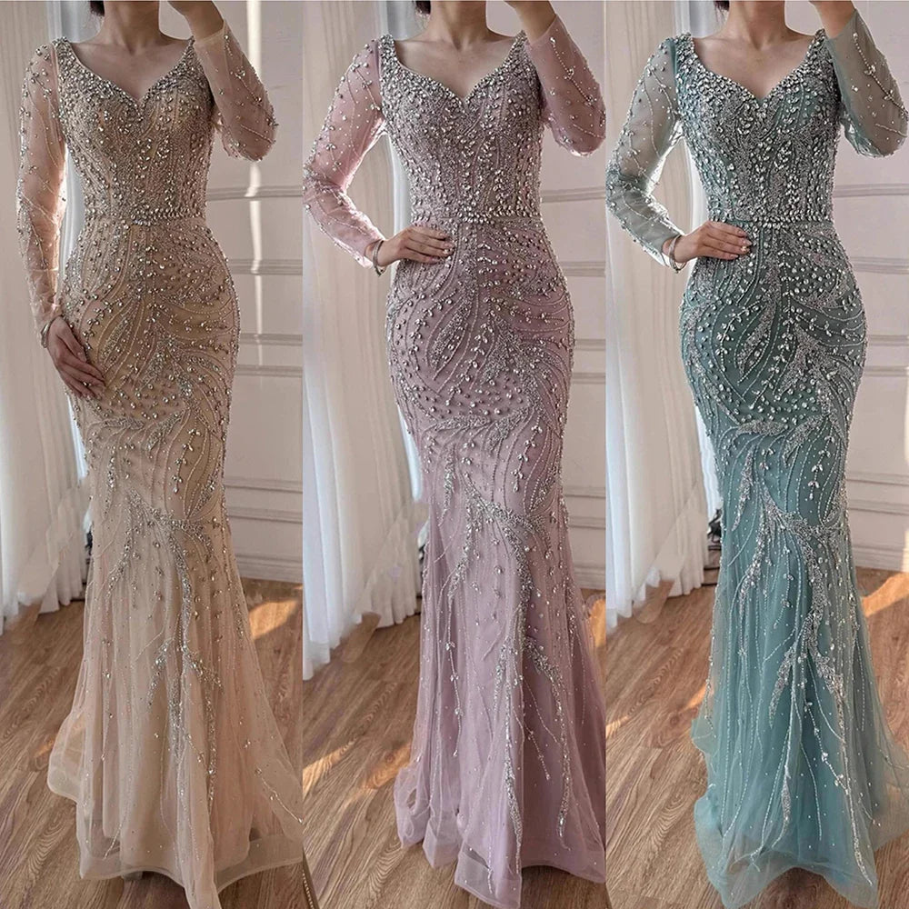 Luxury Muslim Nude Arabic Mermaid Beaded Evening Dress LA73191