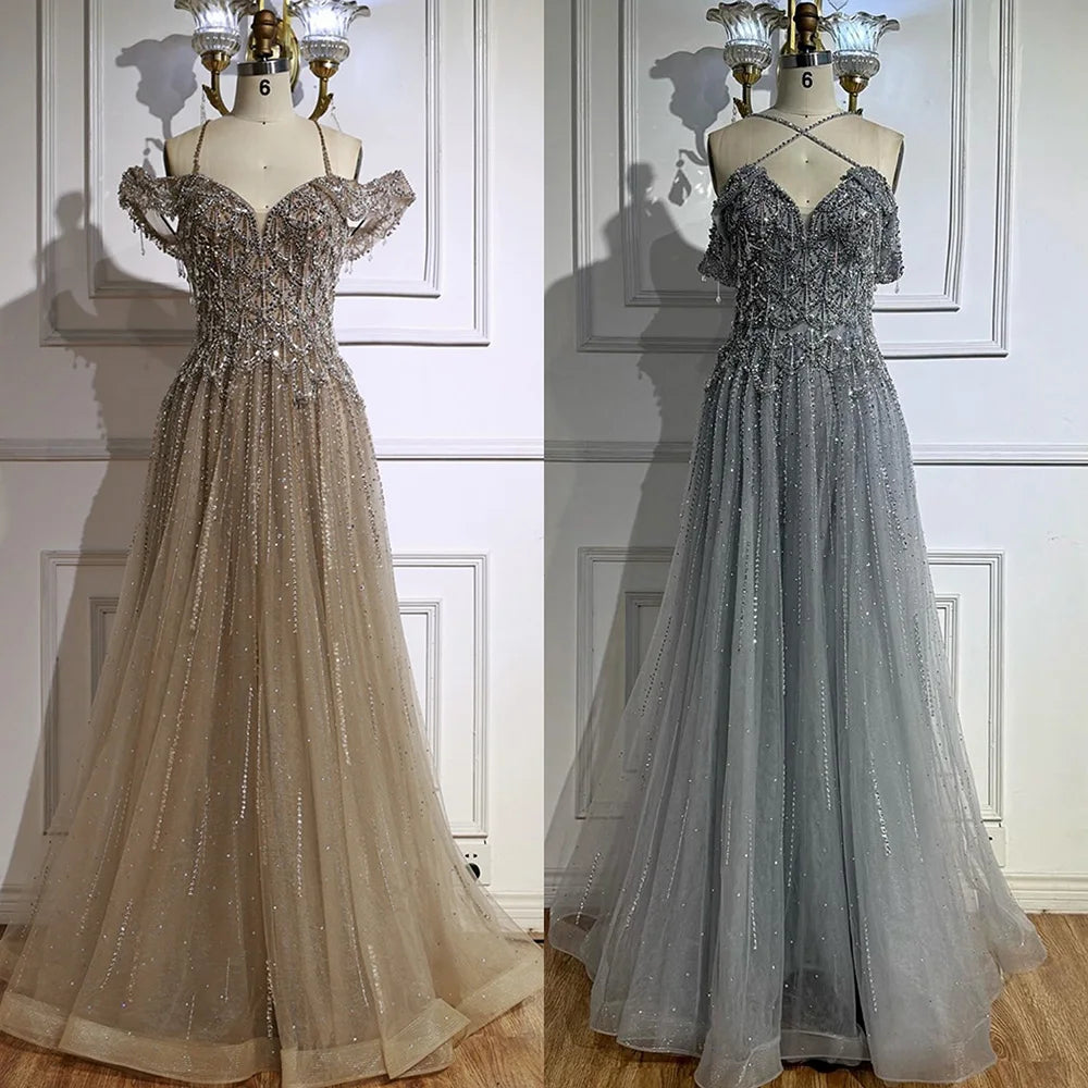 Luxury Arabic Caramel Off Shoulder Beaded A Line Evening Dress LA71606