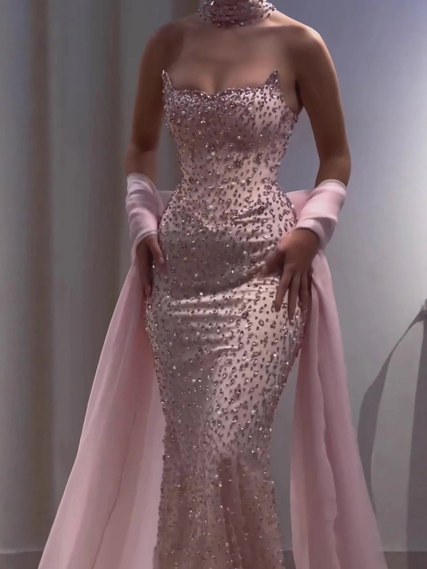 Luxury Pink Diamond Evening Dress with Cape Gown for Wedding Party LA73225