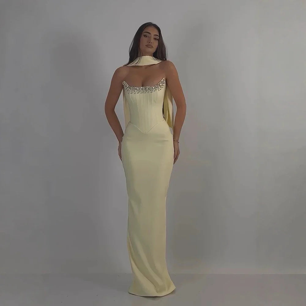 Luxury Yellow Crystal Beaded Mermaid Luxury Evening Dress Elegant LA73175A
