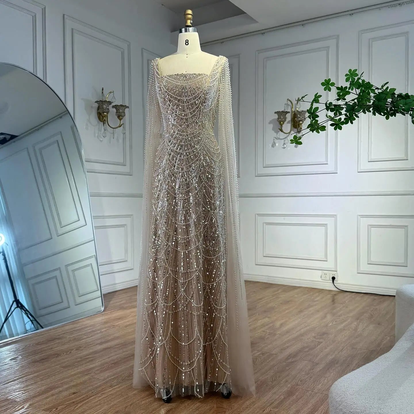 Luxury Dubai Nude Modest Muslin A-Line Evening Dress Plus Size LA72590B