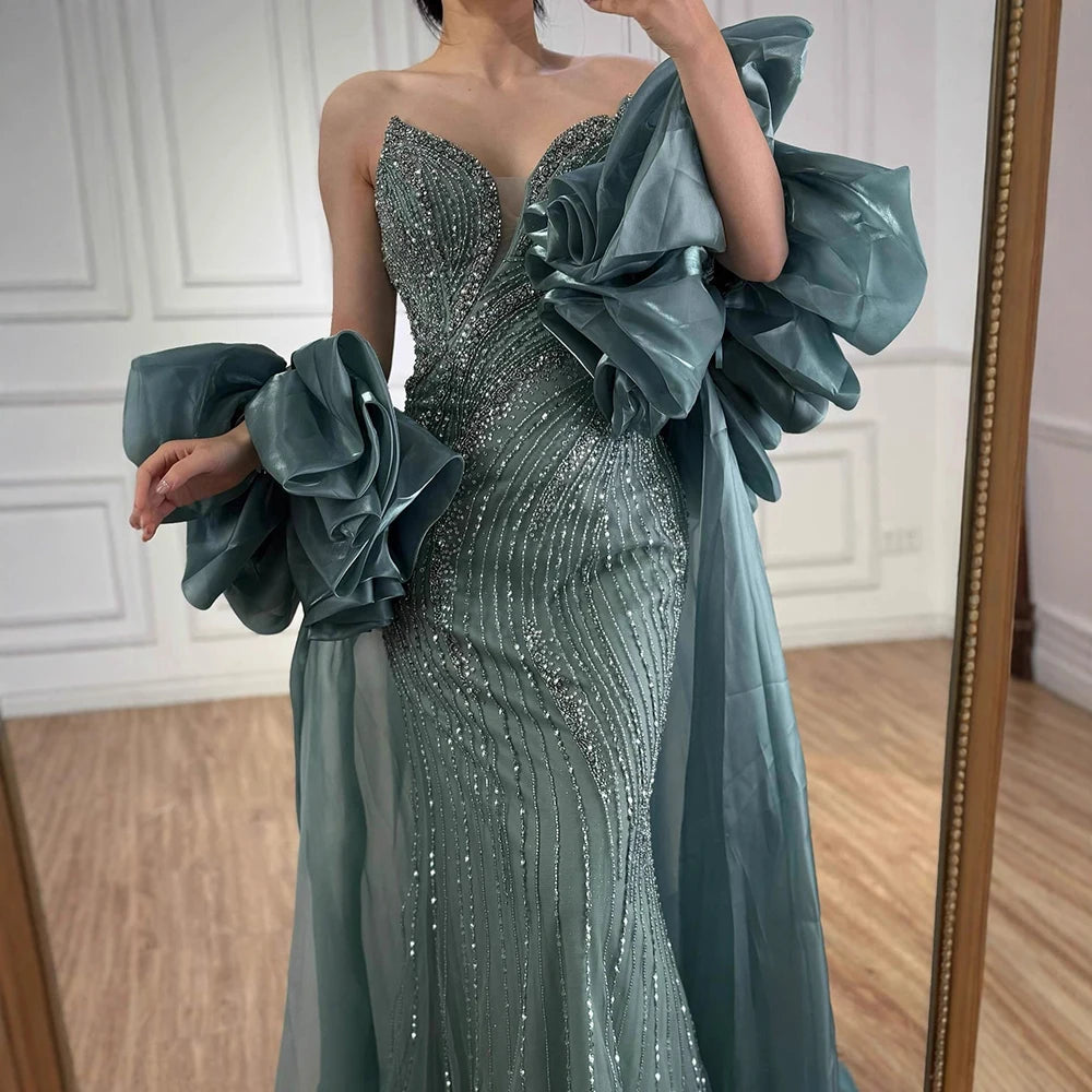 Luxury Red Strapless Mermaid Evening Dress with Cape LA72896