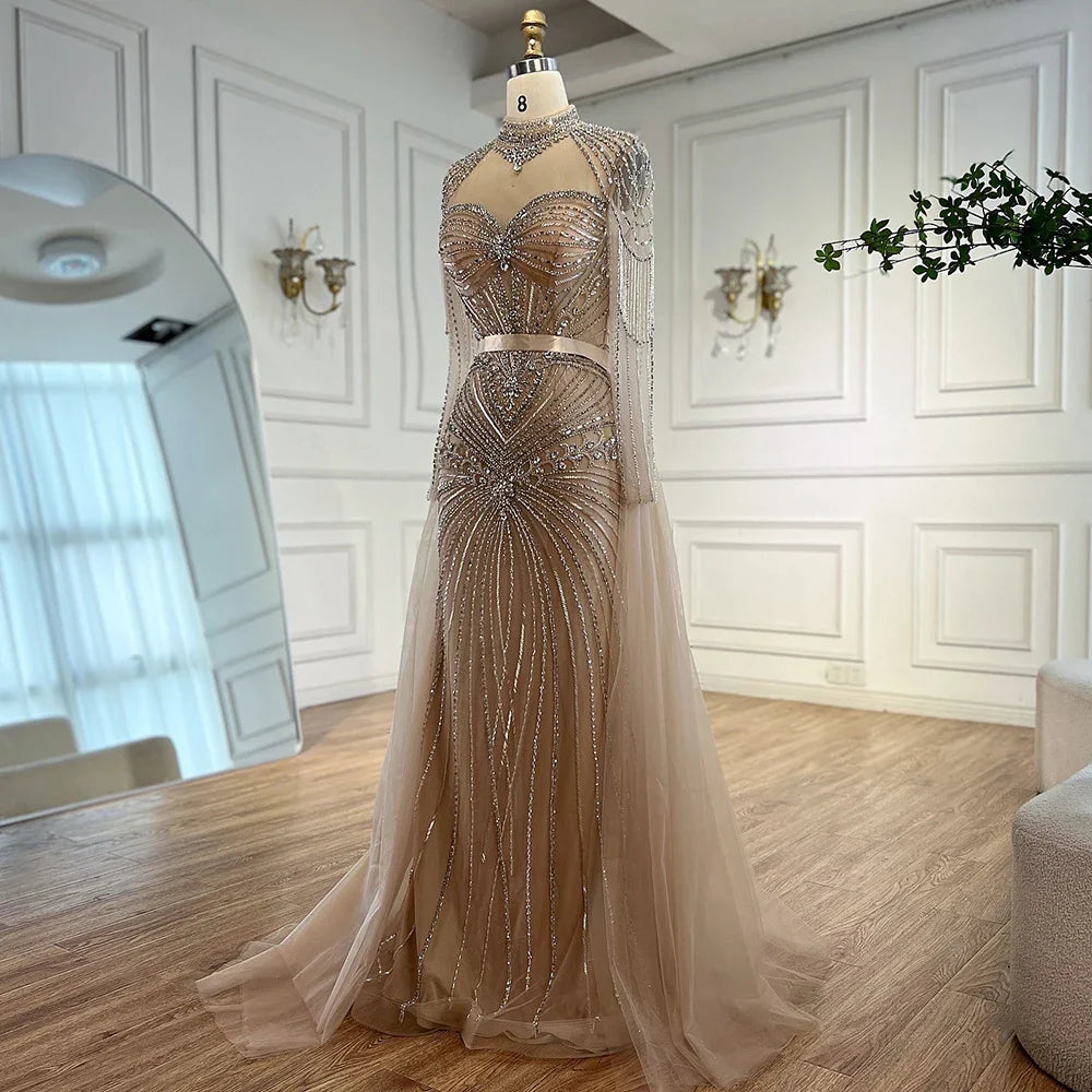 Luxury Nude Beaded Evening Dress with Detachable Overskirt LA72990