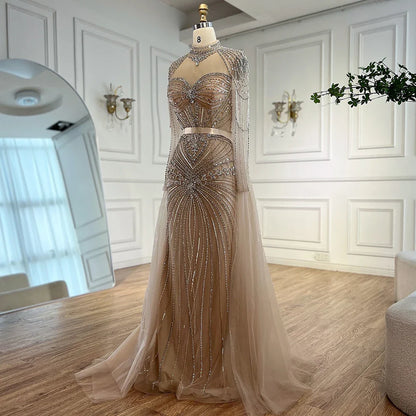Luxury Nude Beaded Evening Dress with Detachable Overskirt LA72990
