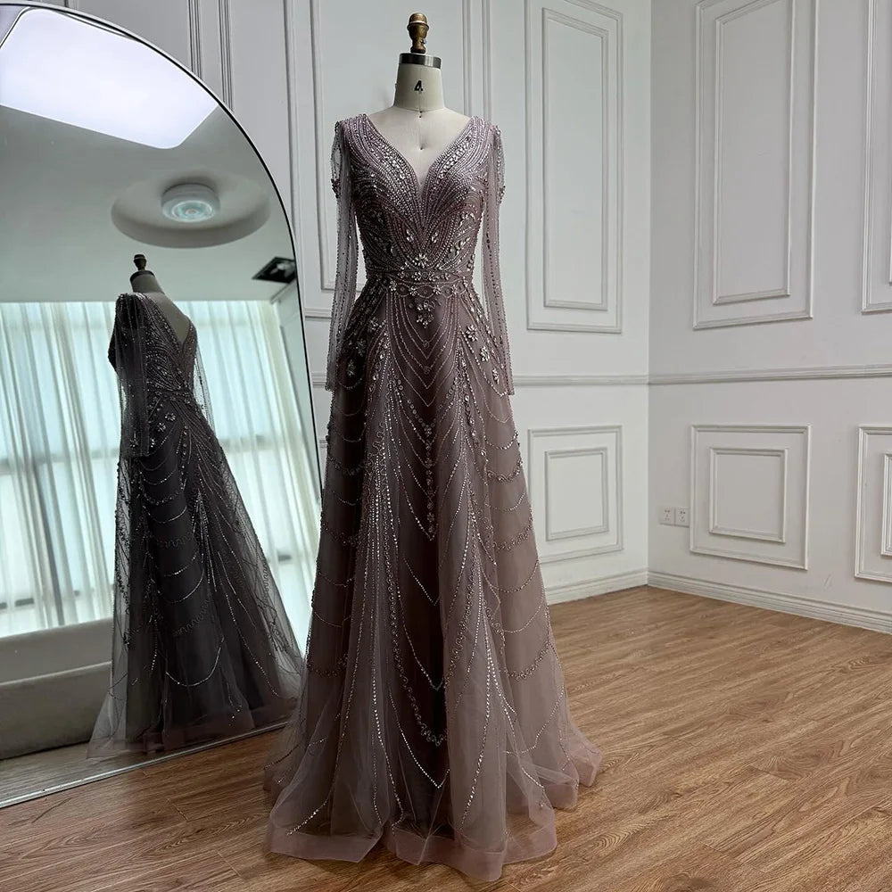 Luxury Pink Beaded A-Line Evening Dress 2025 with V Neck & Long Sleeves LA73114
