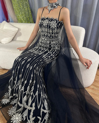 Luxury Nude Beaded Mermaid Evening Dress with Cape LA72711