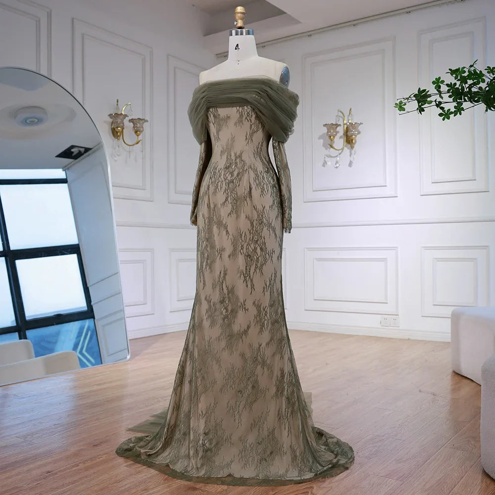 Elegant Olive Green Evening Dress with Lace Sleeves LA72942