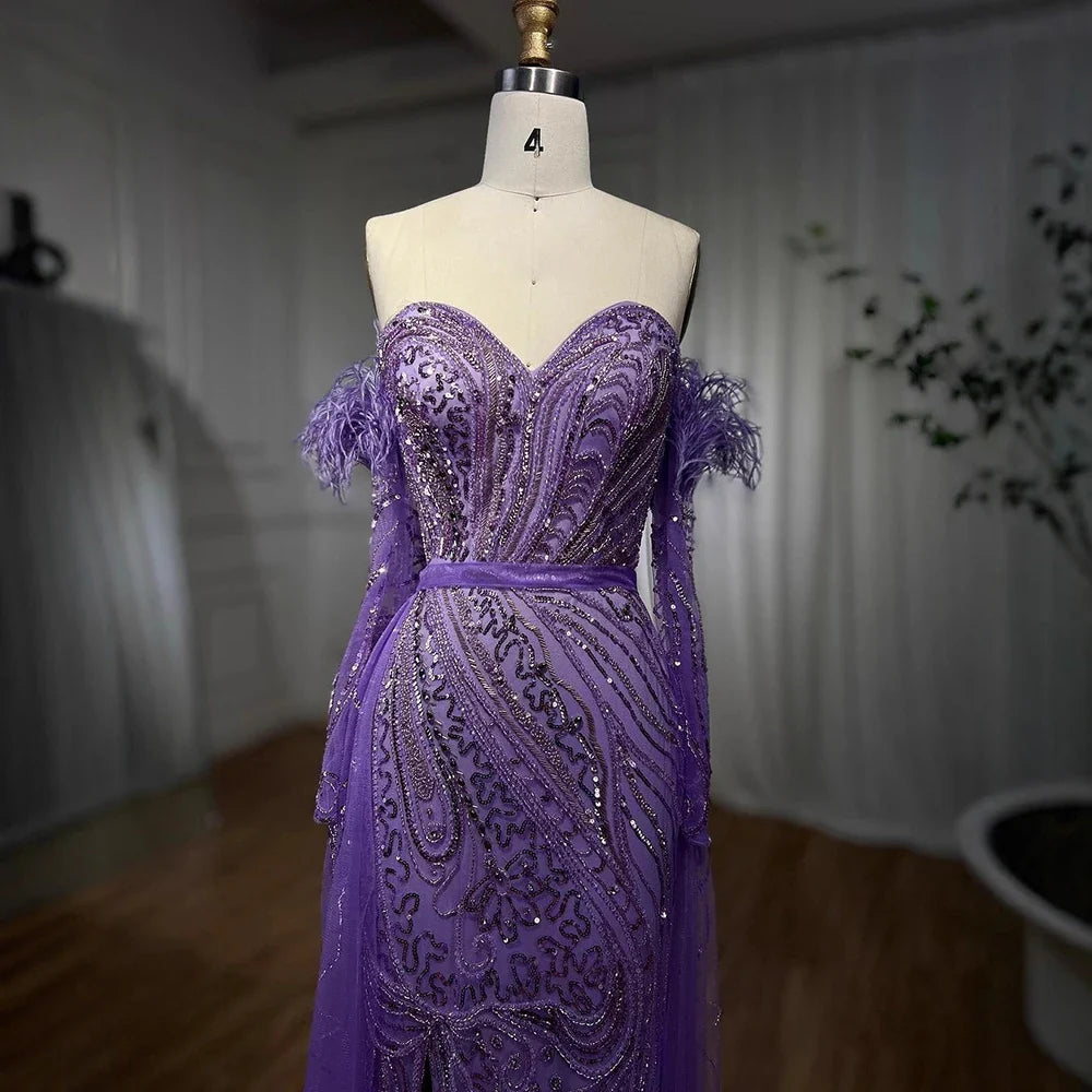 Luxury Arabic Nude Mermaid High Split Feather Beaded Evening Dress LA71910