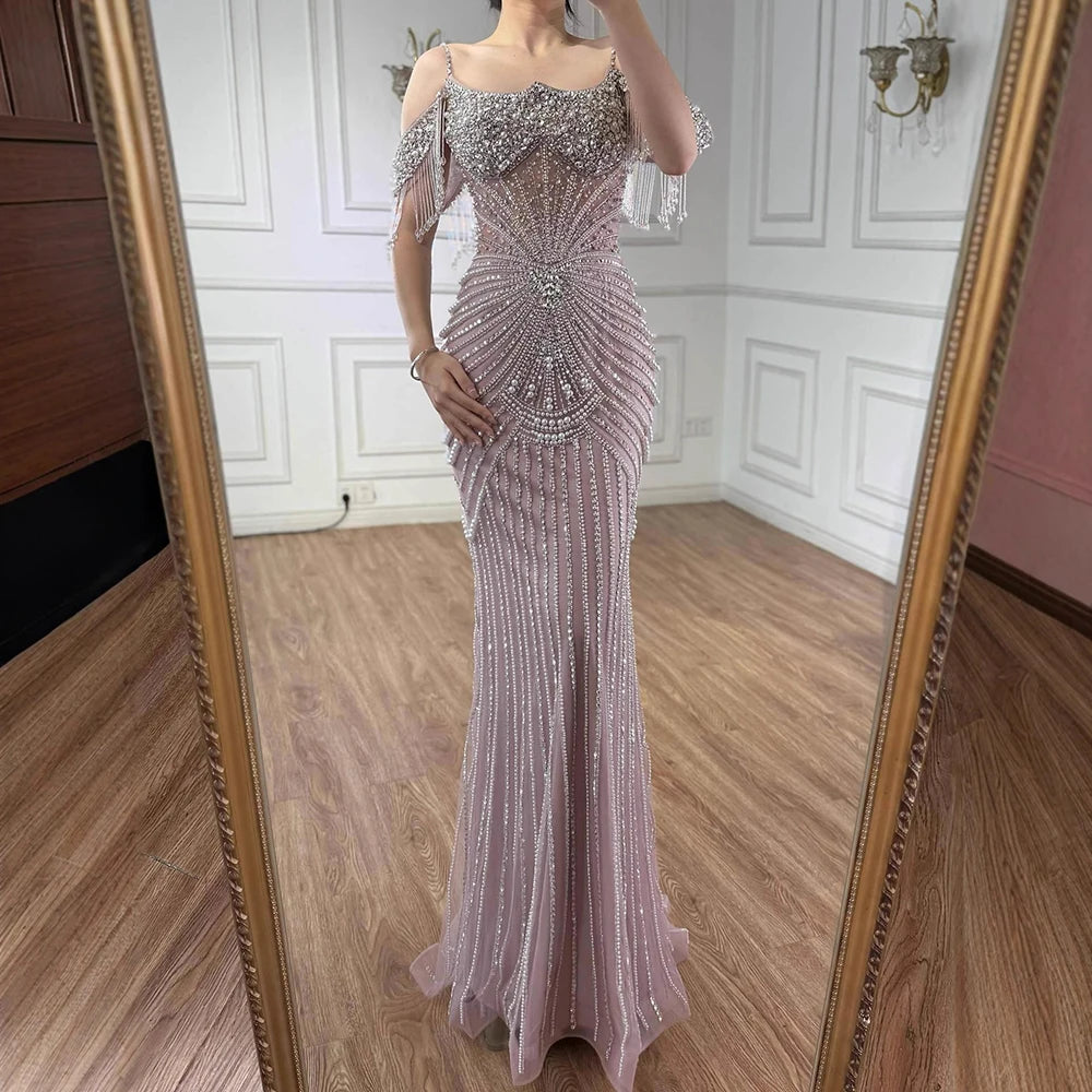 Luxury Sage Green Pearls Beaded Mermaid Evening Dress Off Shoulder LA73148